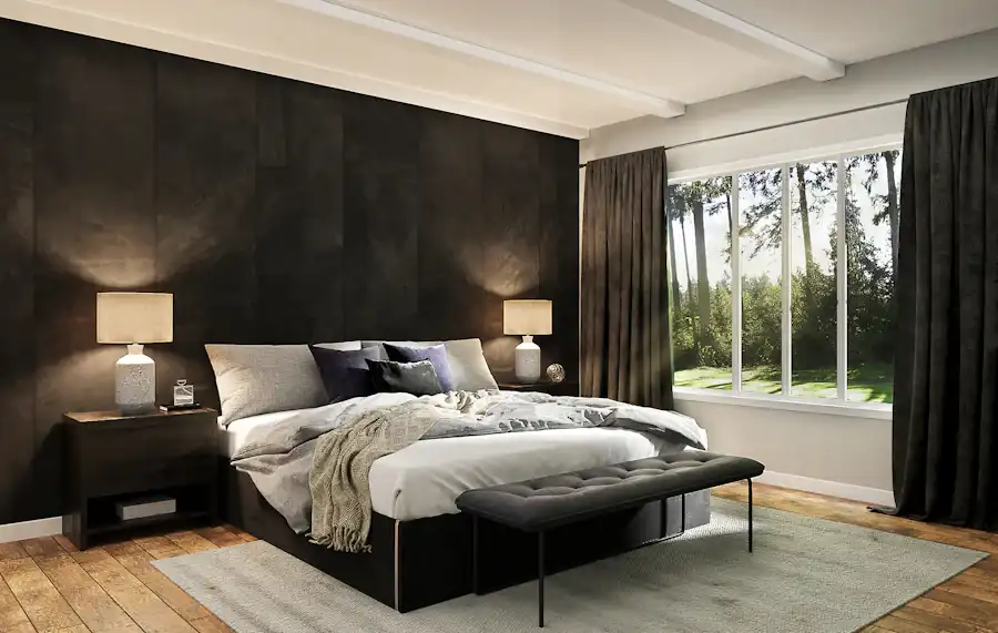 Bedroom with a dark textured accent wall